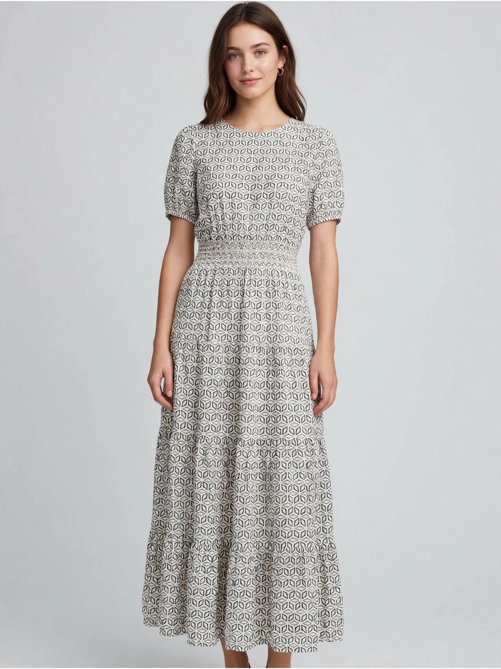 Smocked Waist Midi Dress in Cream and Black Geometric Print
